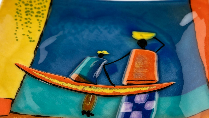Handmade Fused Glass Art Plate — African Village Scene
