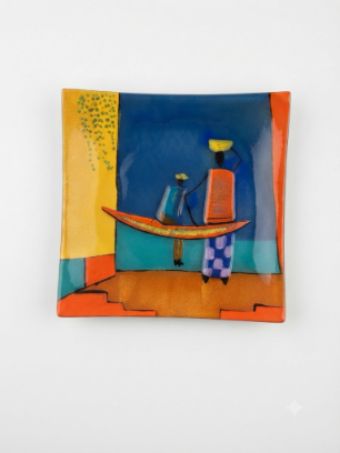 Handmade Fused Glass Art Plate — African Village Scene