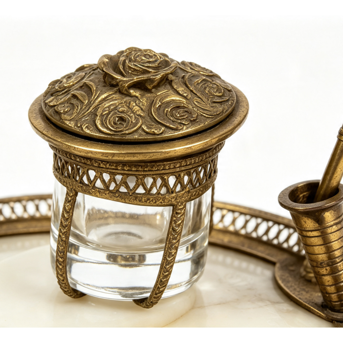 Vintage Brass Horse Desk Set Inkstand Mother of Pearl