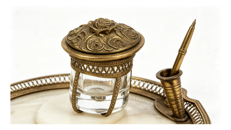 Vintage Brass Horse Desk Set Inkstand Mother of Pearl