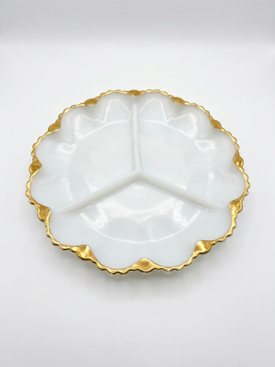 Mid-Century FIRE KING Milk Glass  Divided Serving Dish 22K Gold Trim