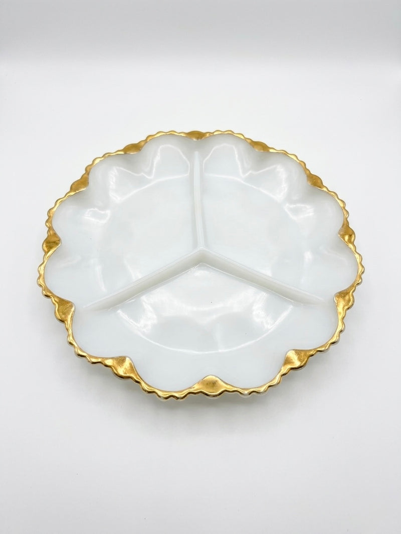 Mid-Century FIRE KING Milk Glass  Divided Serving Dish 22K Gold Trim
