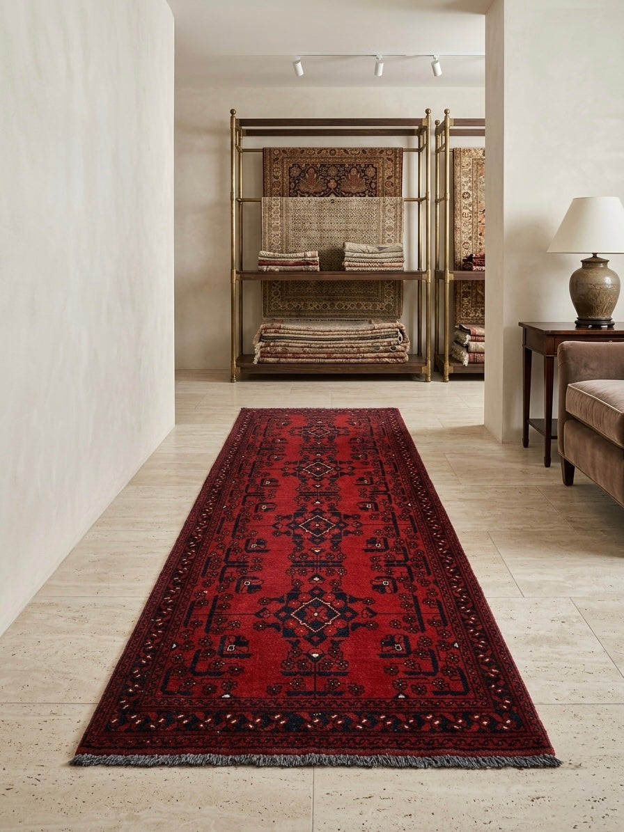 Authentic Hand-Knotted Afghan Mohamedi Runner Rug | 200cm × 80cm | Geometric | Traditional