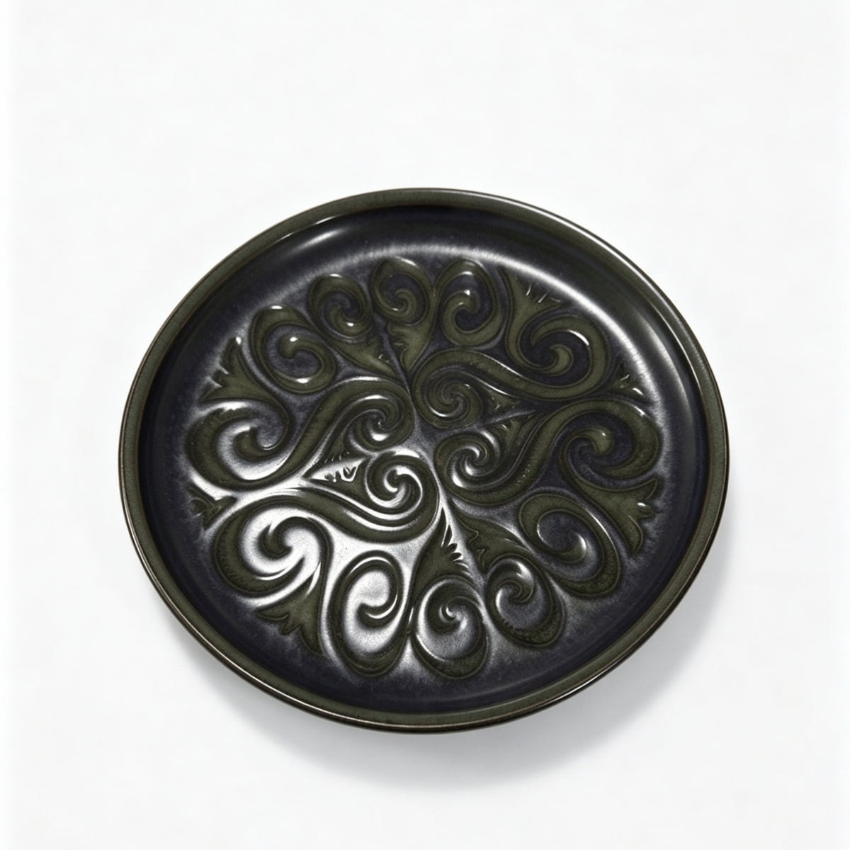 Vintage Studio Pottery Plate Green Black Embossed Swirl