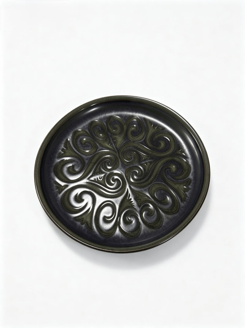 Vintage Studio Pottery Plate Green Black Embossed Swirl