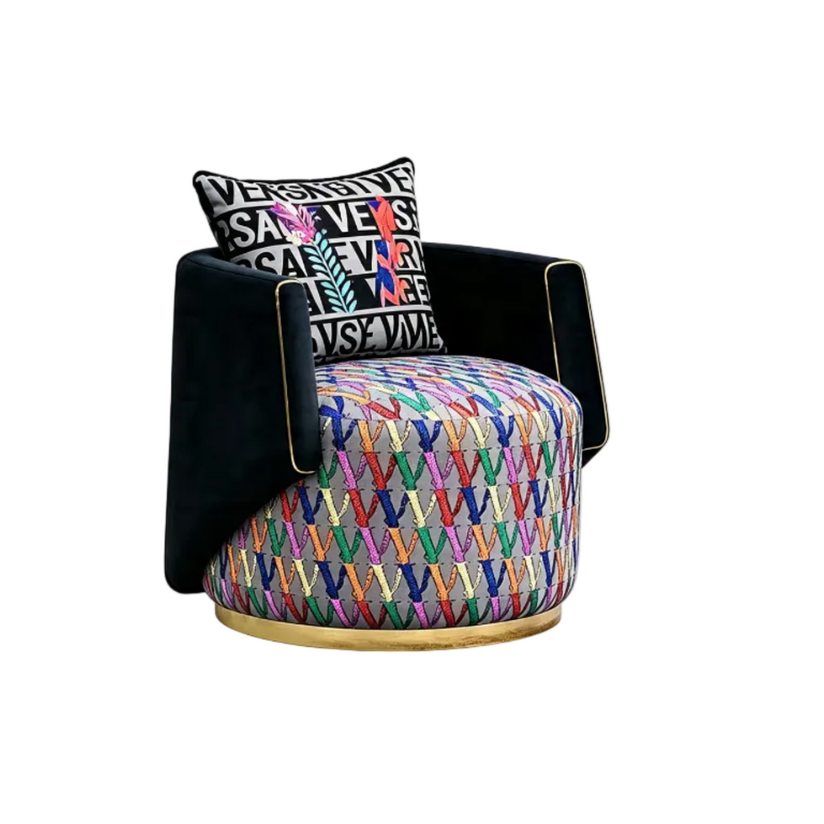 Designer Inspired Swivel Armchair Black Velvet Geometric