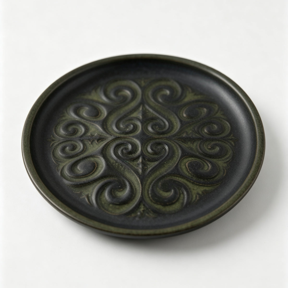 Vintage Studio Pottery Plate Green Black Embossed Swirl