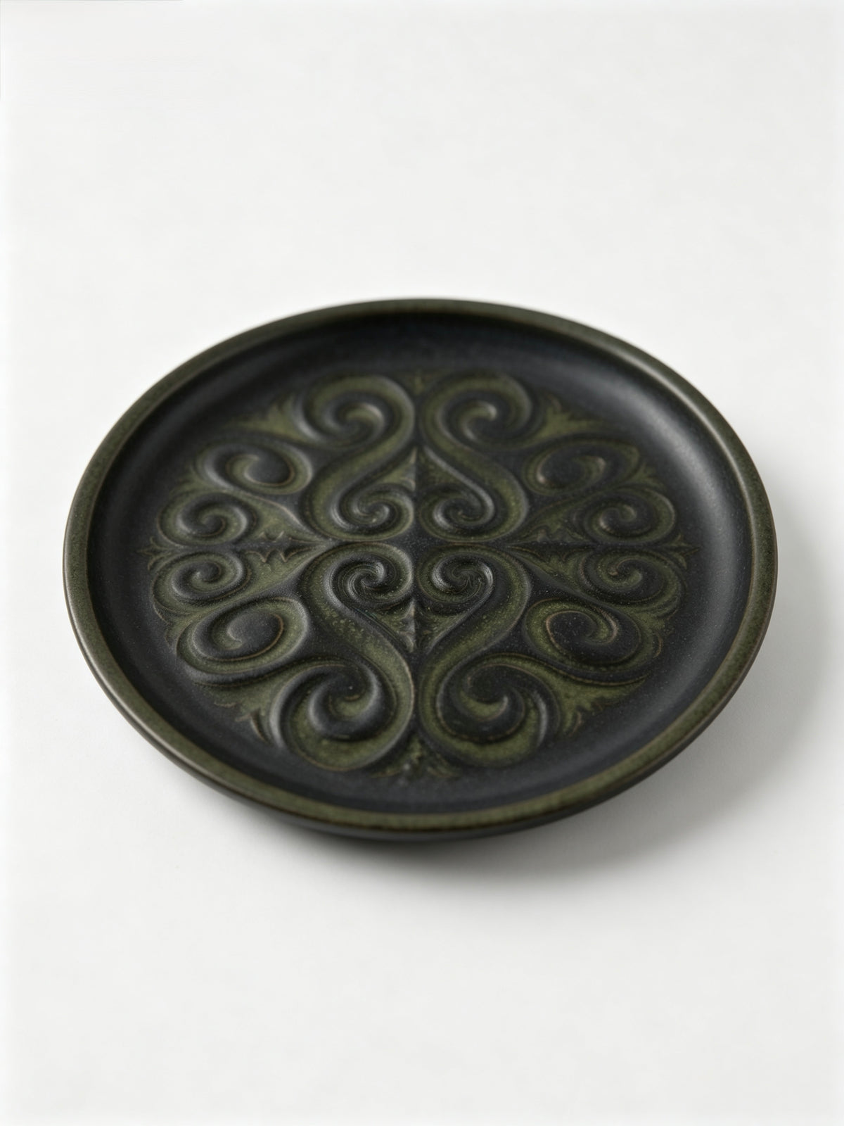 Vintage Studio Pottery Plate Green Black Embossed Swirl