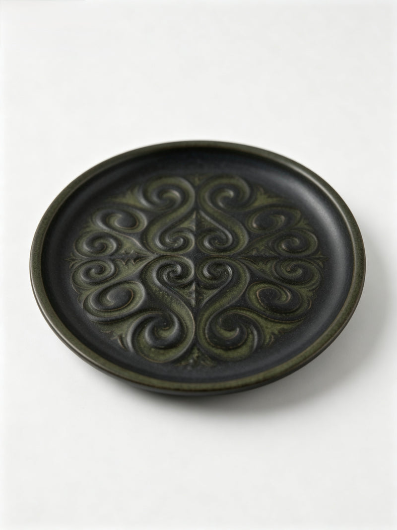 Vintage Studio Pottery Plate Green Black Embossed Swirl