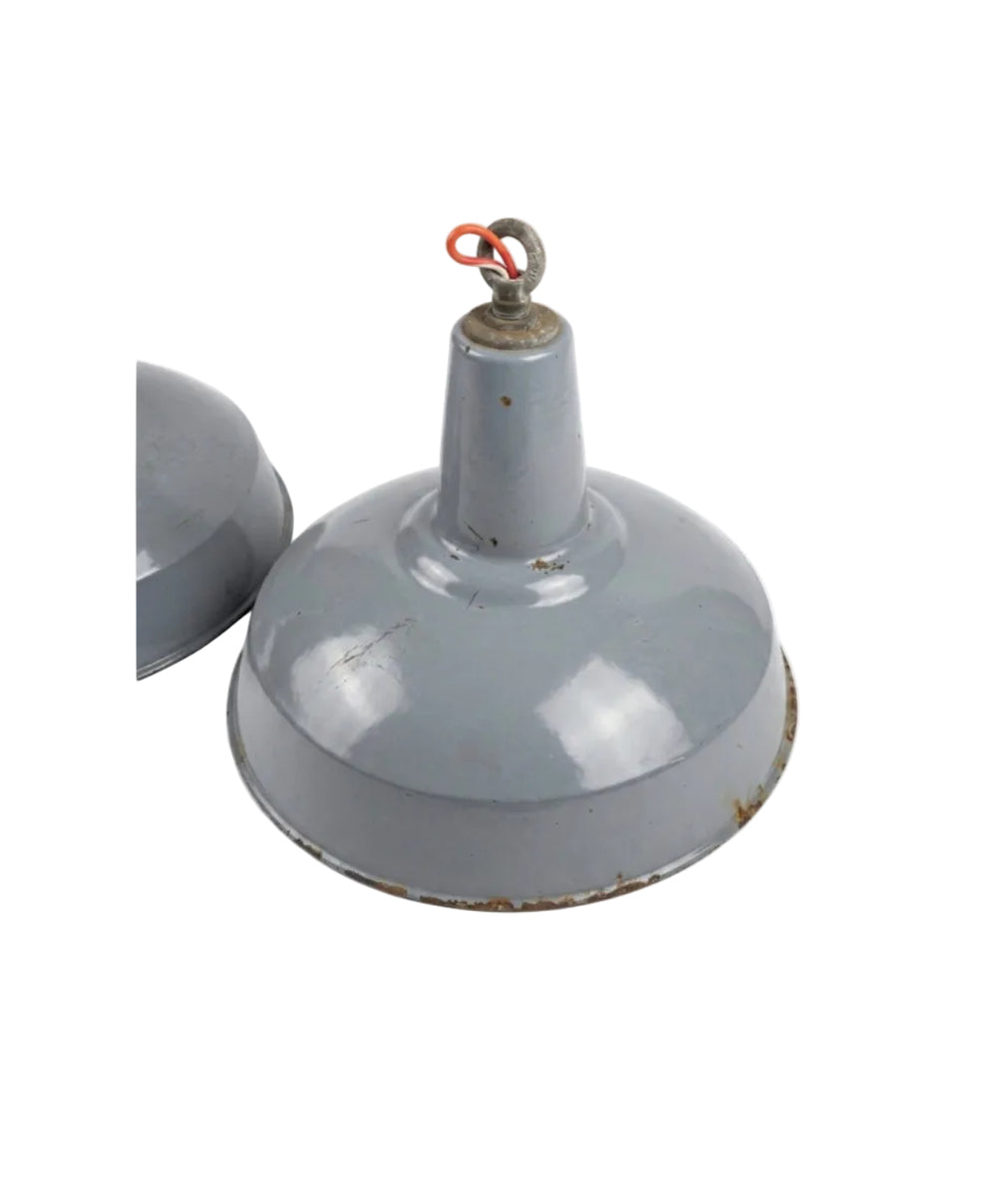 Pair Vintage Industrial Grey Enamel Pendant Light Shade
