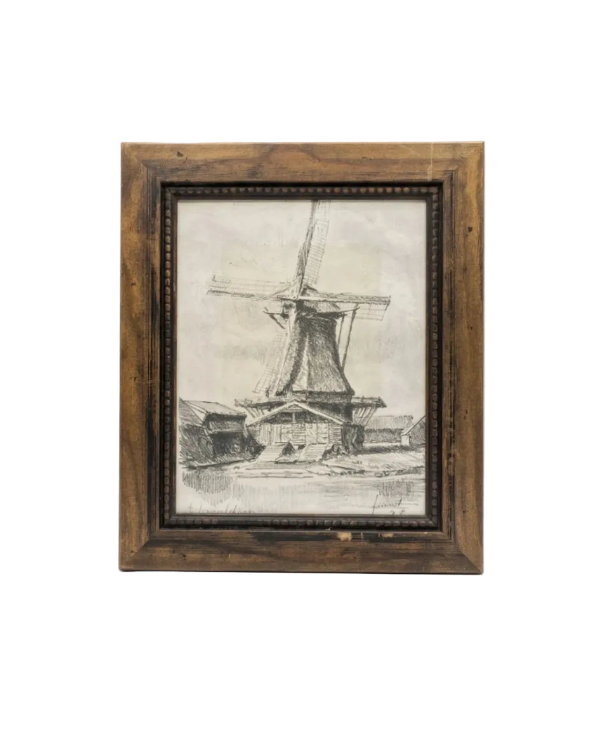 Antique 1928 Original Signed Drawing Windmill Landscape