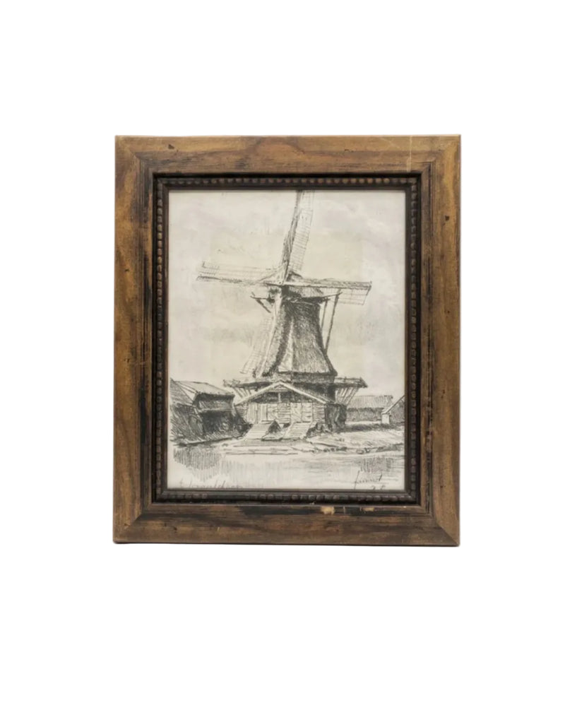 Antique 1928 Original Signed Drawing Windmill Landscape