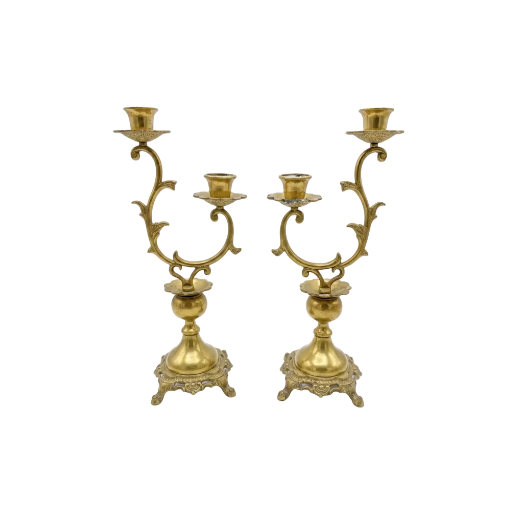 Vintage Pair of Ornate Brass 2-Arm Candelabras | Rococo Style | Scroll & Leaf Design | c.1950s–1970s