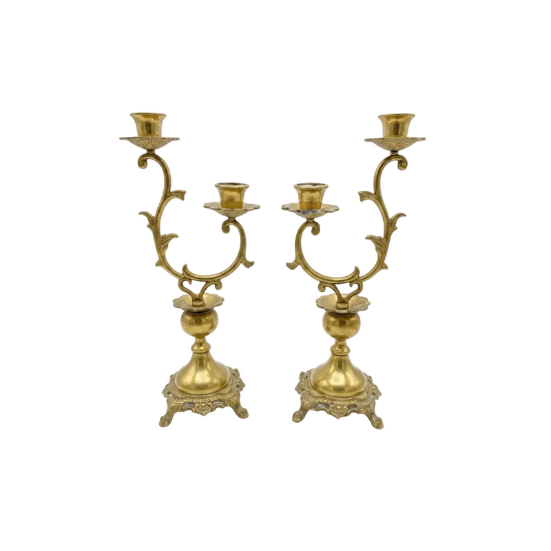 Vintage Pair of Ornate Brass 2-Arm Candelabras | Rococo Style | Scroll & Leaf Design | c.1950s–1970s