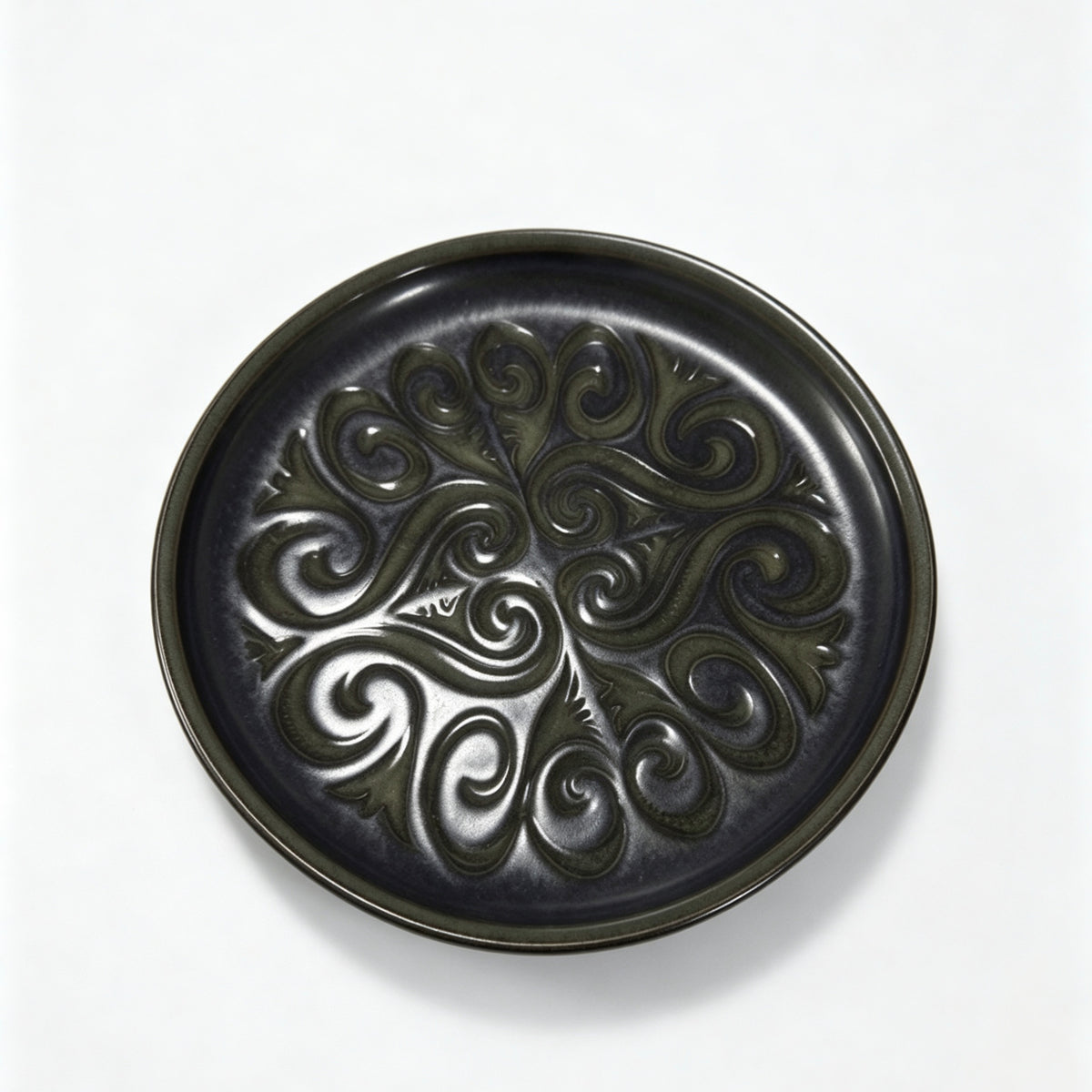 Vintage Studio Pottery Plate Green Black Embossed Swirl