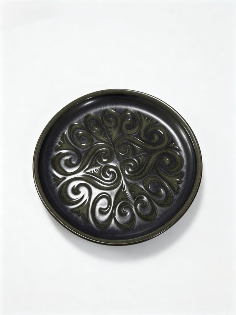 Vintage Studio Pottery Plate Green Black Embossed Swirl