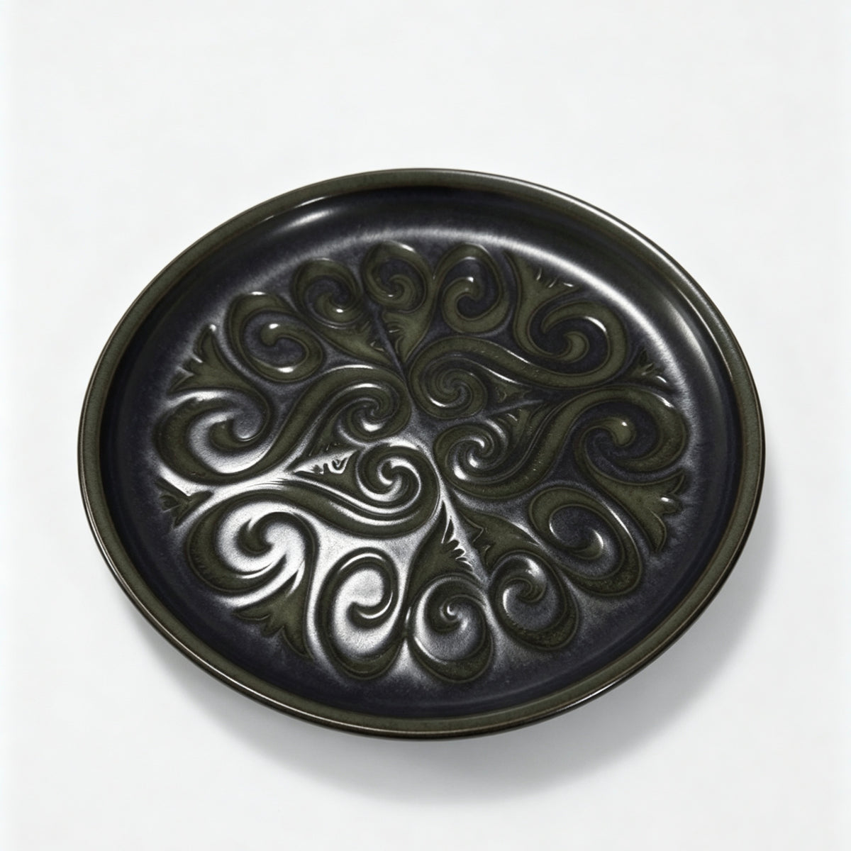Vintage Studio Pottery Plate Green Black Embossed Swirl
