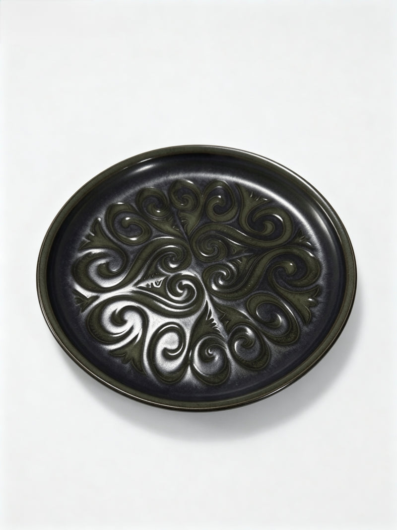Vintage Studio Pottery Plate Green Black Embossed Swirl