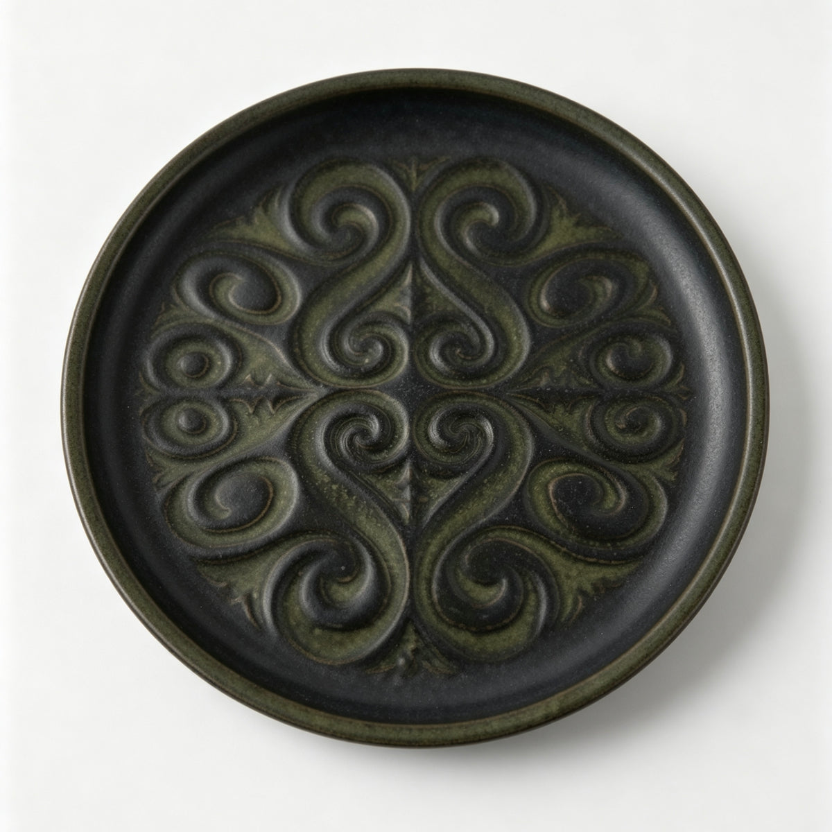 Vintage Studio Pottery Plate Green Black Embossed Swirl