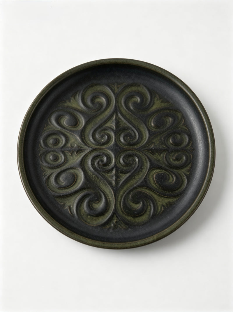 Vintage Studio Pottery Plate Green Black Embossed Swirl