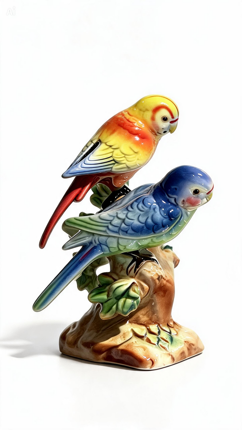 Vintage Love Birds Figurine Porcelain Budgerigar Parrots