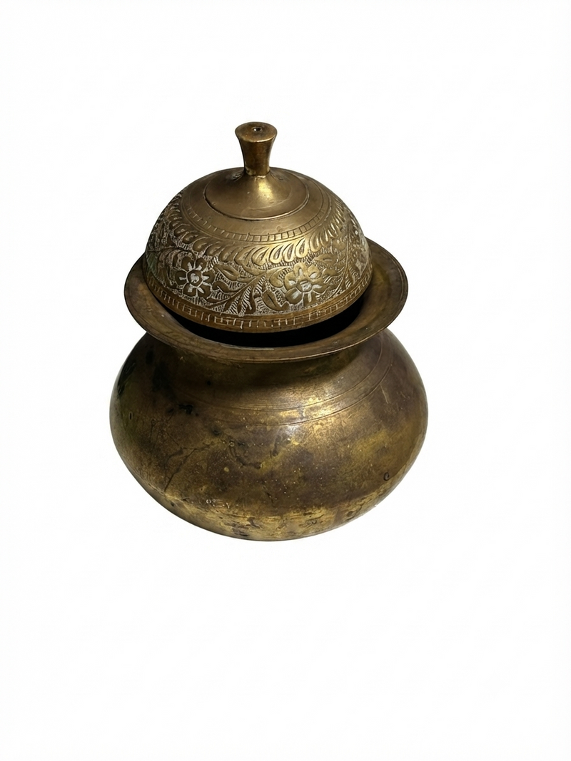Vintage Hand-Etched Solid Brass Lidded Pot Indian Jar
