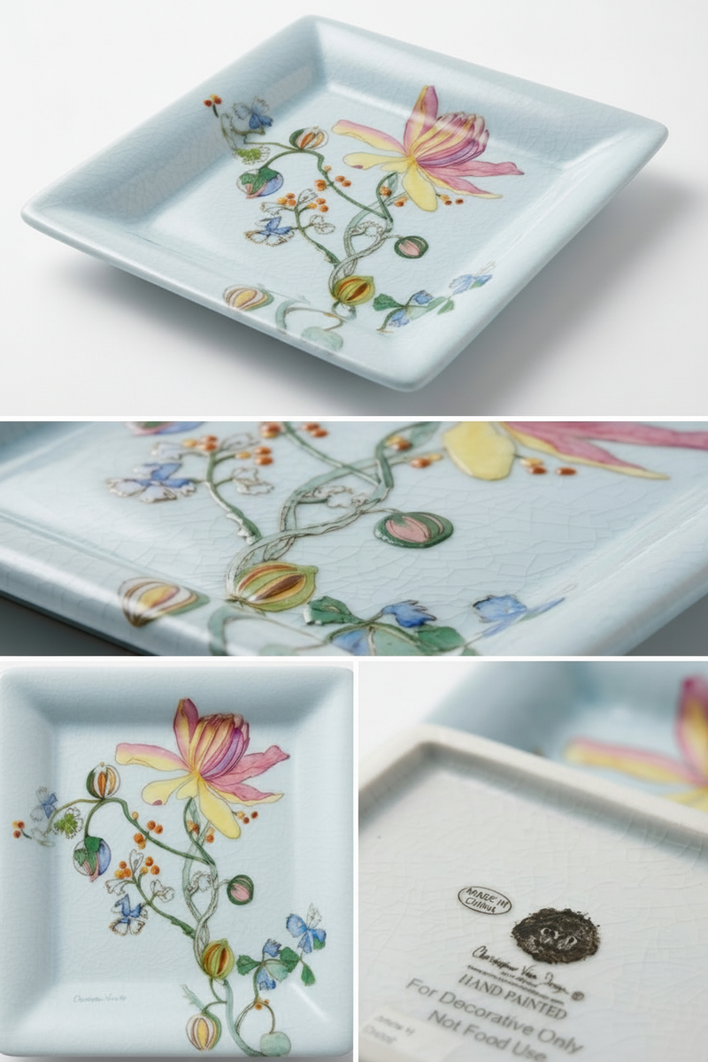 Christopher Vine Design "Madame Pompidou" Hand-Painted Square Decorative Plate | Floral Botanical | 12cm | c.2005