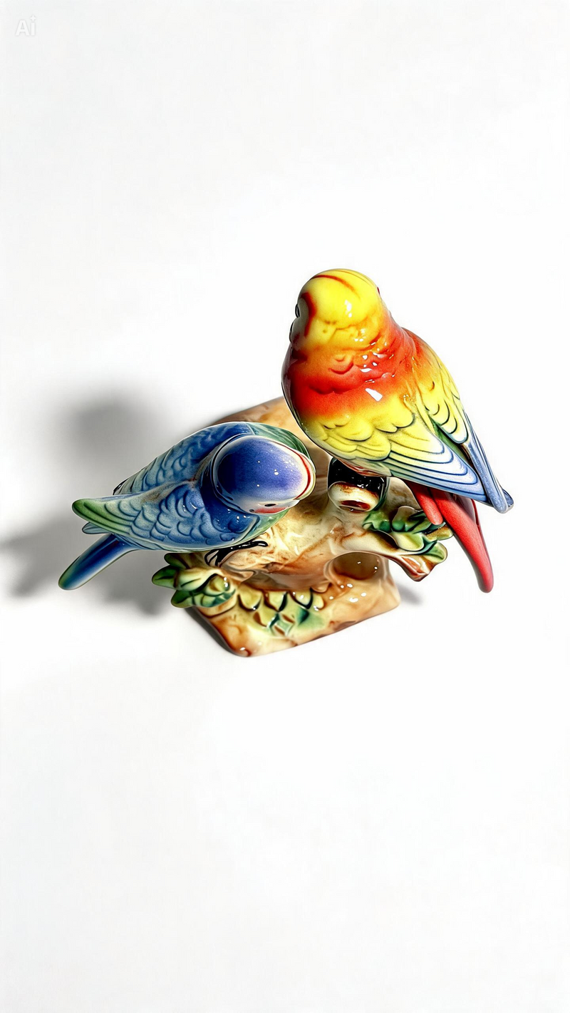 Vintage Love Birds Figurine Porcelain Budgerigar Parrots