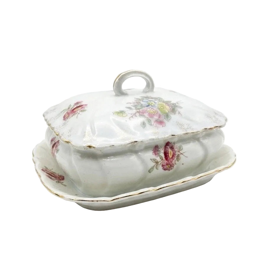 Antique Victorian Floral Porcelain Lidded Butter Dish With Underplate — Star Mark, Germany c.1850