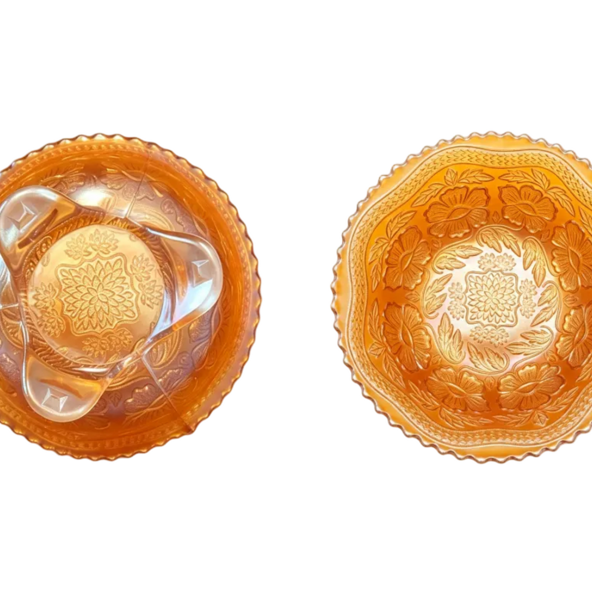 Fenton Two Flowers Marigold Carnival Glass Bowl, 1912