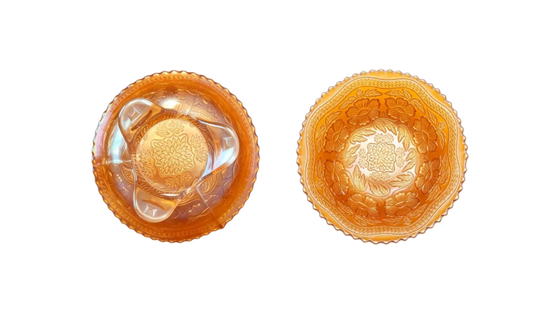 Fenton Two Flowers Marigold Carnival Glass Bowl, 1912