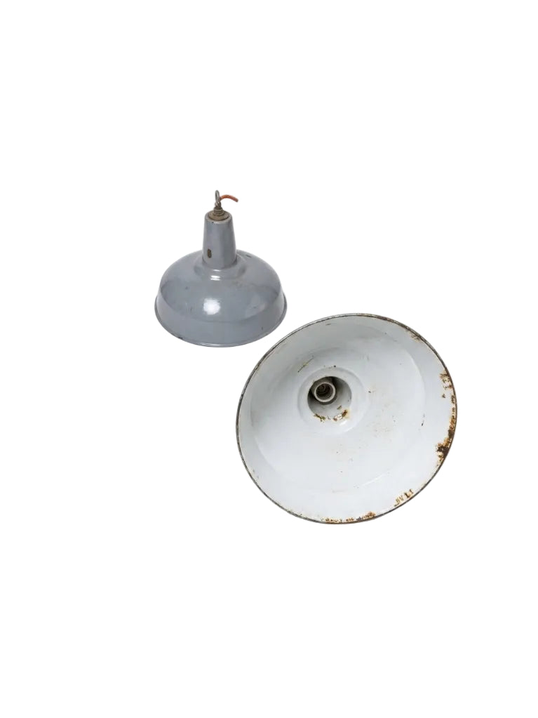 Pair Vintage Industrial Grey Enamel Pendant Light Shade