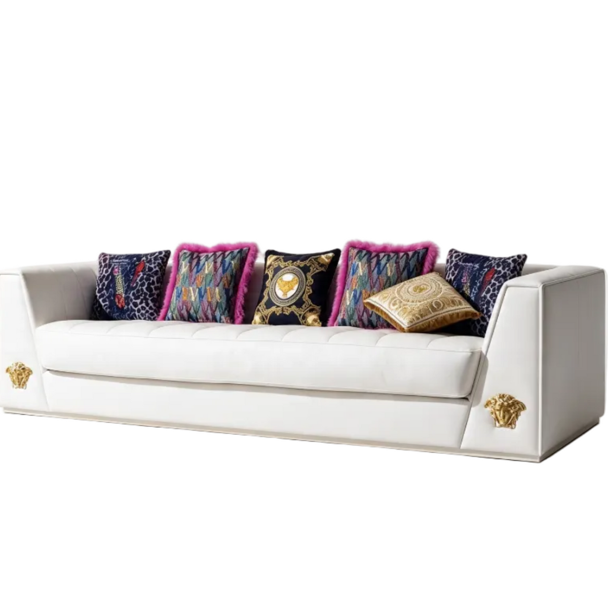 Designer-Inspired White Leather Sofa | Gold Medusa Trim