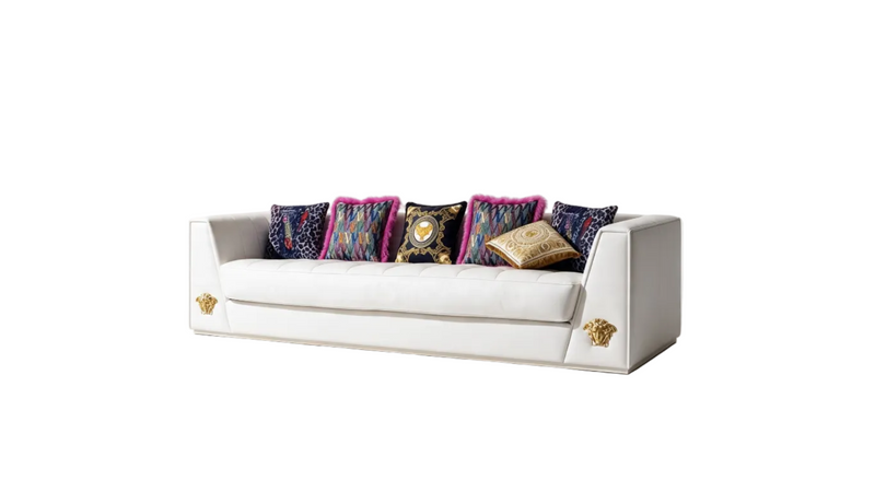 Designer-Inspired White Leather Sofa | Gold Medusa Trim