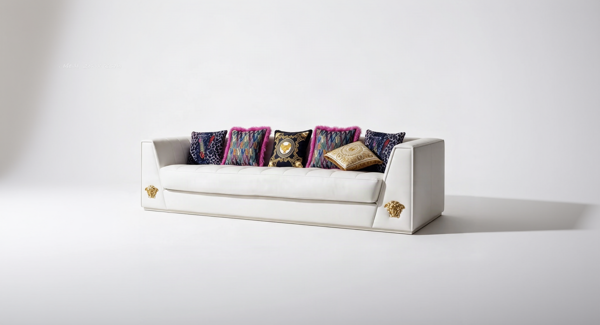 Designer-Inspired White Leather Sofa | Gold Medusa Trim