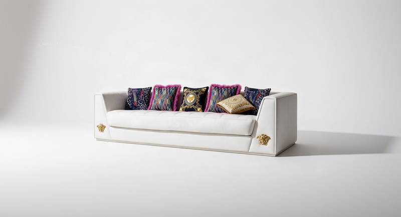 Designer-Inspired White Leather Sofa | Gold Medusa Trim