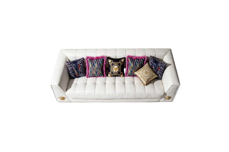 Designer-Inspired White Leather Sofa | Gold Medusa Trim