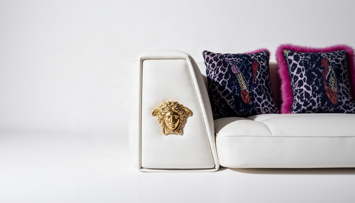 Designer-Inspired White Leather Sofa | Gold Medusa Trim