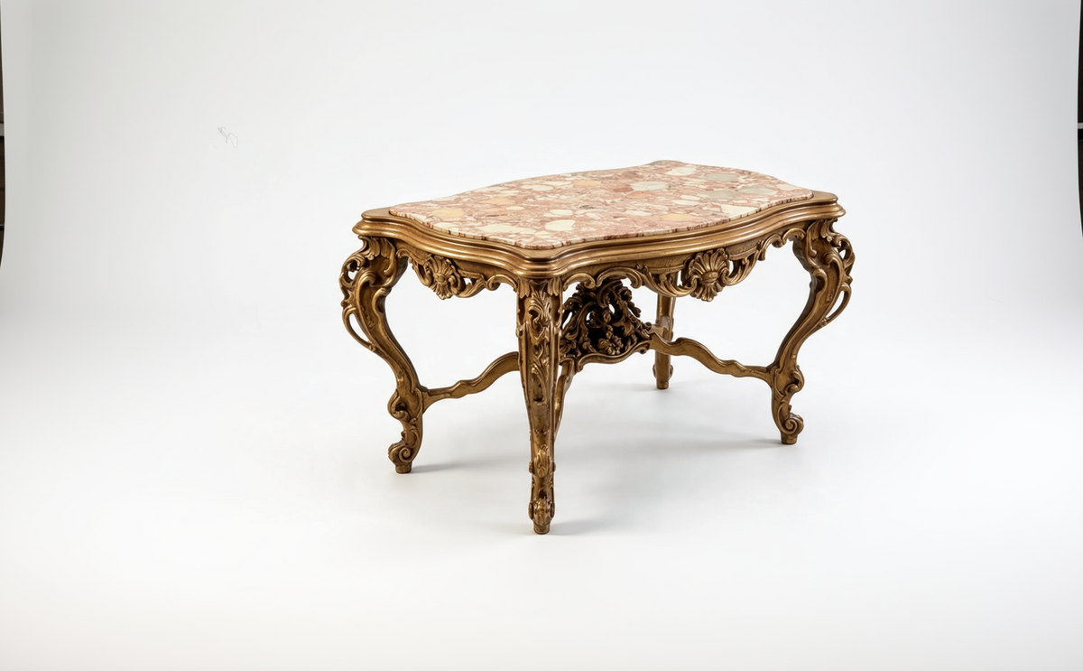 Louis XV Carved Wood & Marble Coffee Table — Cabriole Legs