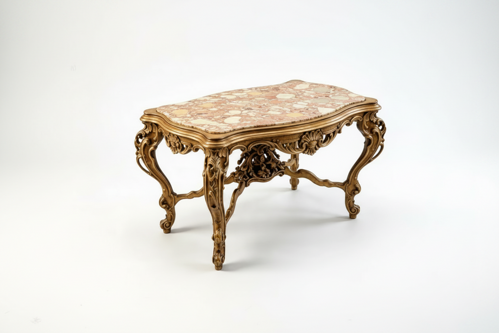 Louis XV Carved Wood & Marble Coffee Table — Cabriole Legs