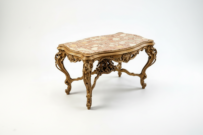 Louis XV Carved Wood & Marble Coffee Table — Cabriole Legs
