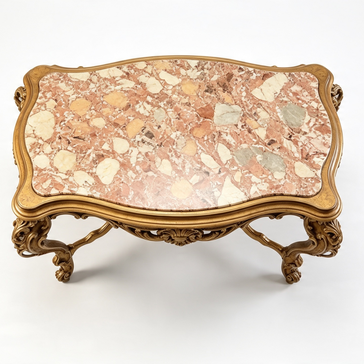 Louis XV Carved Wood & Marble Coffee Table — Cabriole Legs