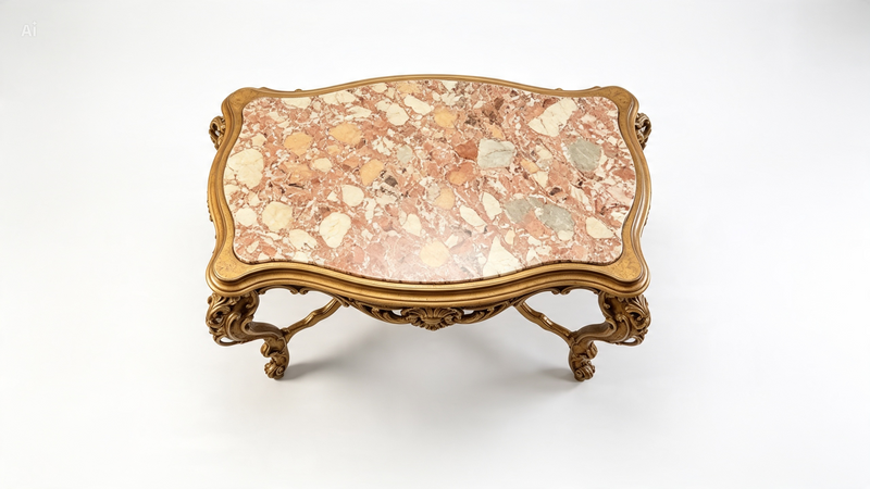 Louis XV Carved Wood & Marble Coffee Table — Cabriole Legs