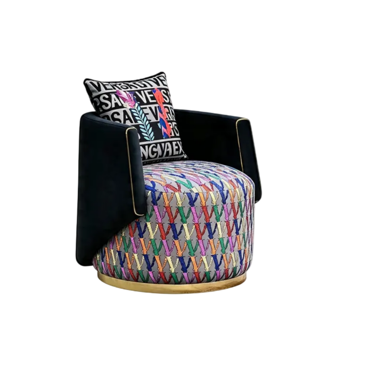 Designer Inspired Swivel Armchair Black Velvet Geometric