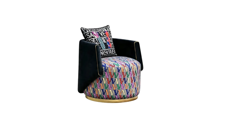 Designer Inspired Swivel Armchair Black Velvet Geometric