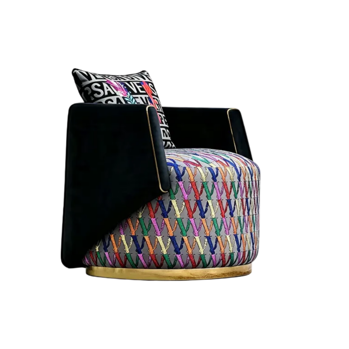 Designer Inspired Swivel Armchair Black Velvet Geometric