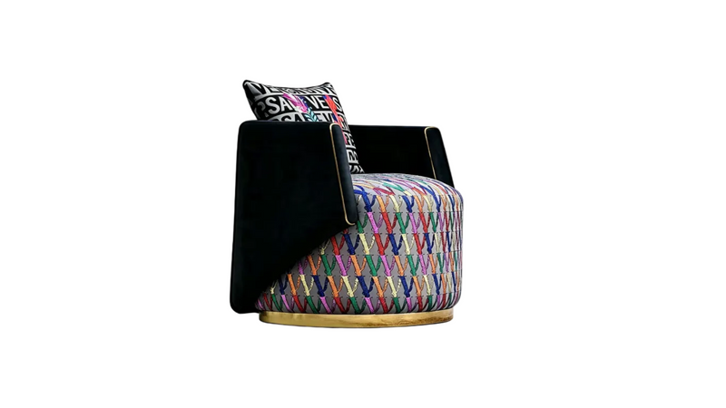 Designer Inspired Swivel Armchair Black Velvet Geometric