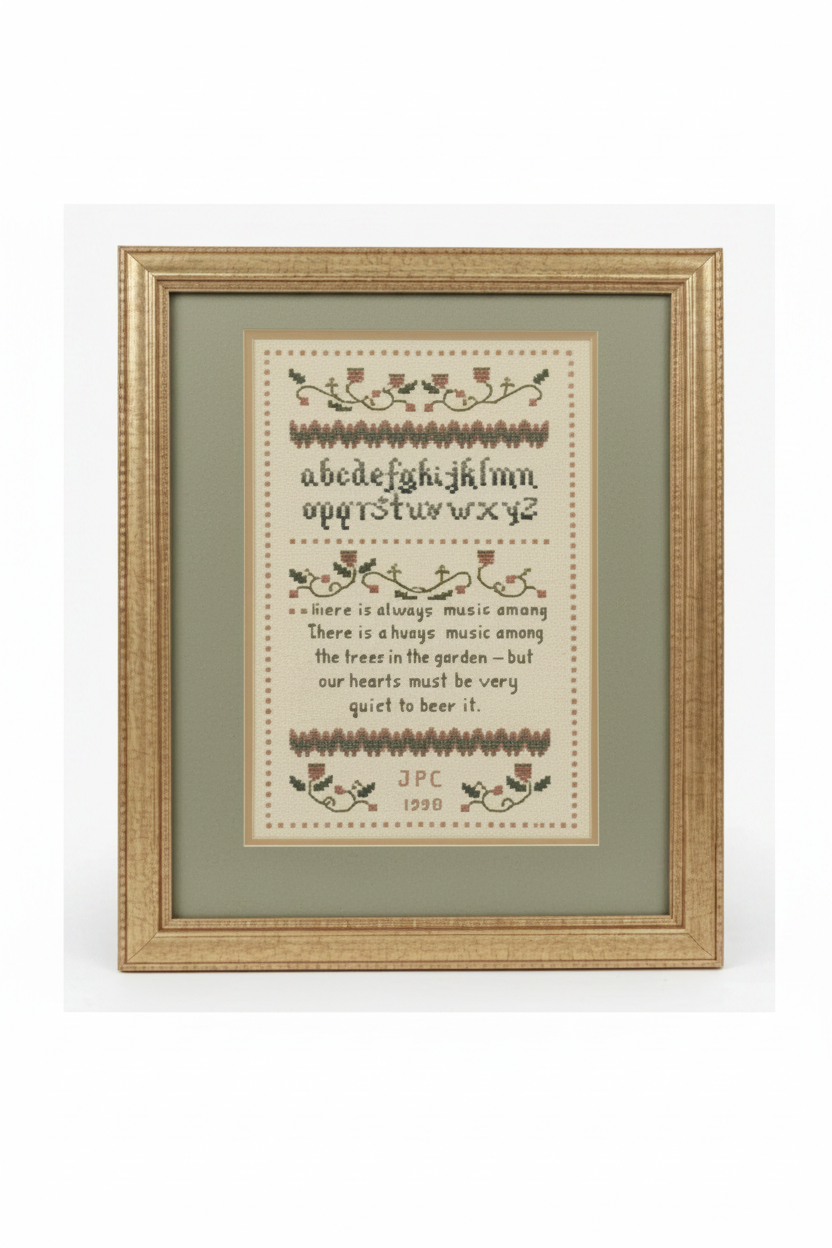 Vintage 1998 cross stitch sampler in gold frame - full view