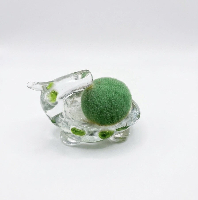 Vintage Hand Blown Clear Art Glass Turtle Pin Cushion Figurine