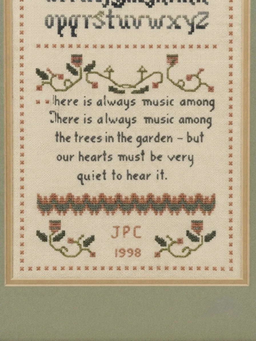 Vintage 1998 cross stitch sampler - detail of quote and JPC 1998 monogram